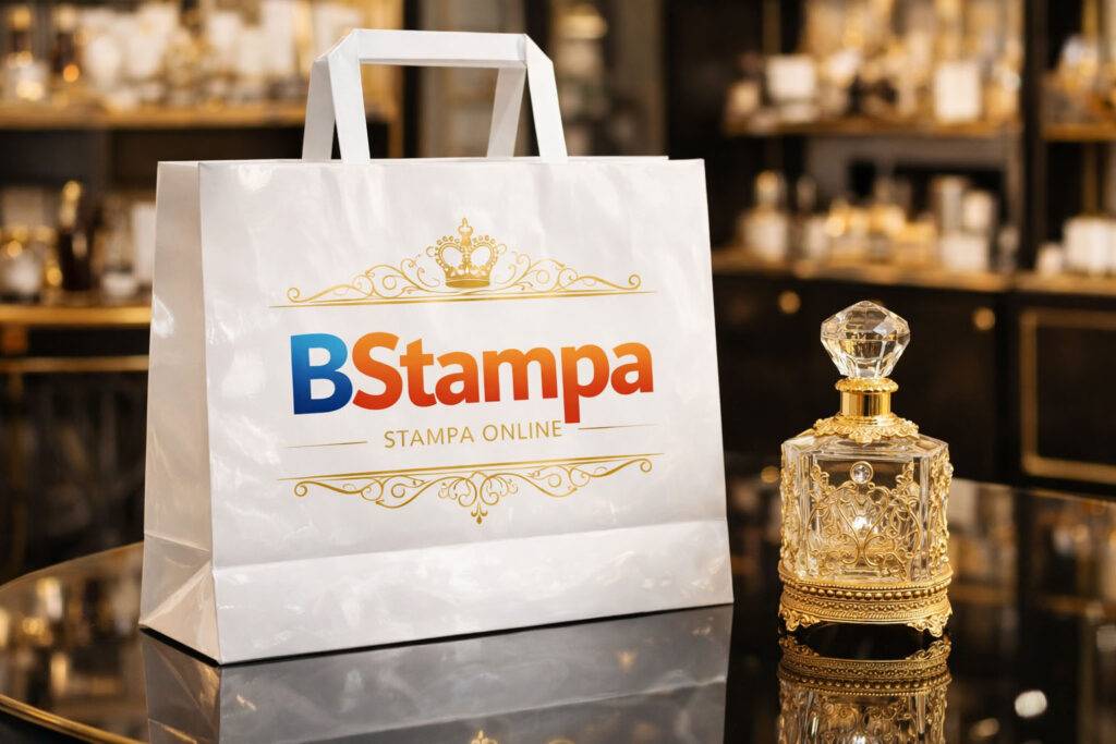 Shopper in carta patinata bianca con manici piatti, personalizzata con logo e dettagli oro, idea per profumerie e negozi di lusso raffigurante logo bstampa.