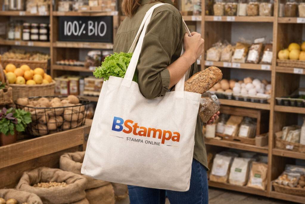 Persona che utilizza una shopper in cotone naturale riutilizzabile per fare la spesa in un concept store di prodotti biologici.