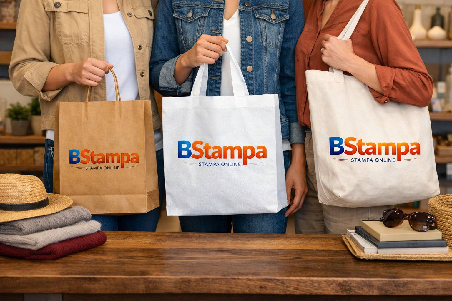 Confronto tra tre tipi di shopper personalizzate: carta, TNT e cotone, mostrate in un negozio.