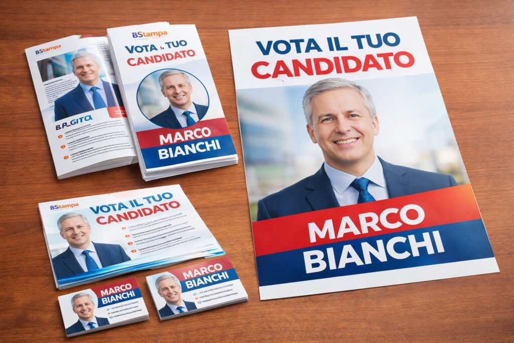 Stampa materiale elettorale personalizzato BStampa con manifesti, volantini e santini per campagne politiche, colori brillanti e alta qualità di stampa professionale