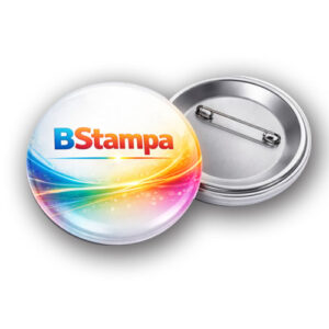 Spille tonde personalizzate BStampa con grafica multicolor brillante e logo ad alta definizione, finitura lucida professionale e retro in metallo con chiusura resistente, ideali per eventi, fiere e promozione aziendale