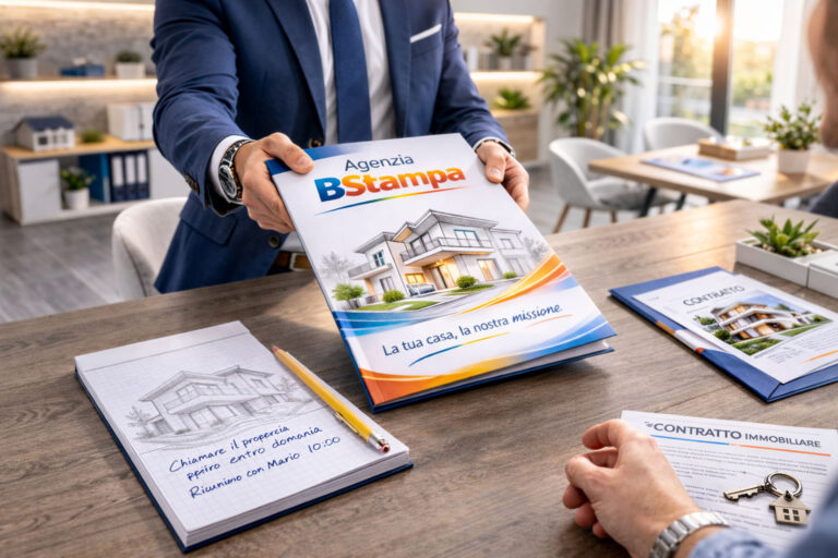 Kit di prodotti personalizzati per agenzie immobiliari: cartello Vendesi, cartellina, block notes, penna, biglietti da visita e striscione coordinati con lo stesso logo