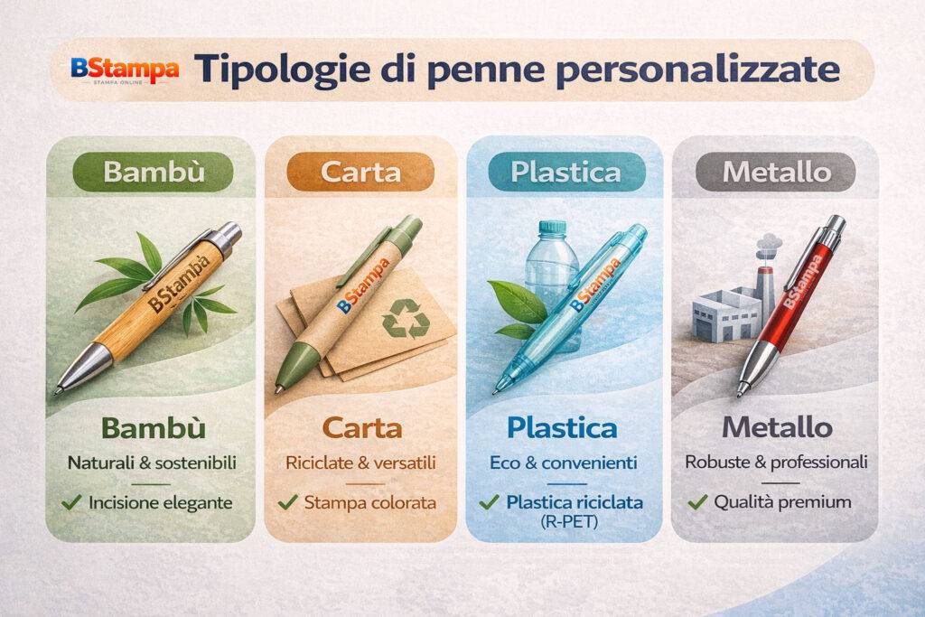 Tabella comparativa tra penne ecologiche, penne in plastica e penne in metallo: materiali, impatto ambientale, estetica e tecniche di personalizzazione