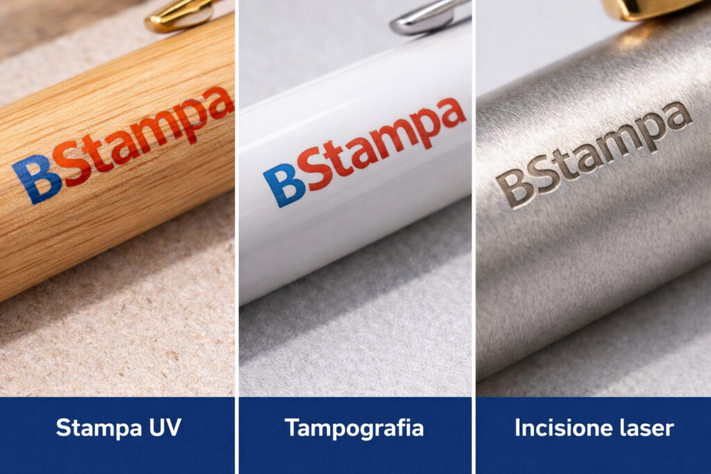 Confronto tra le tecniche di personalizzazione delle penne: stampa UV a colori, tampografia e incisione laser