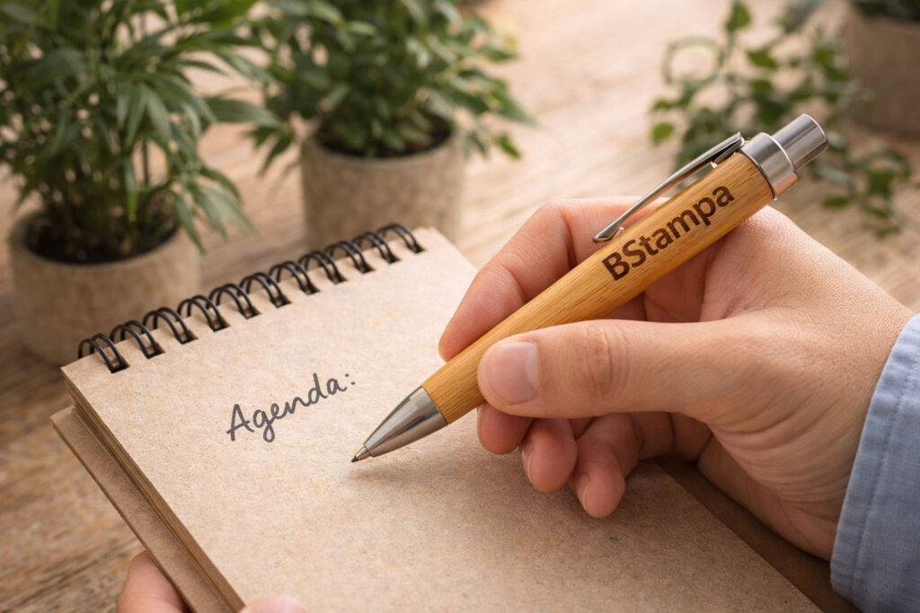 Persona che utilizza una penna ecologica in bambù in un contesto lavorativo sostenibile, con piante e taccuino di carta riciclata