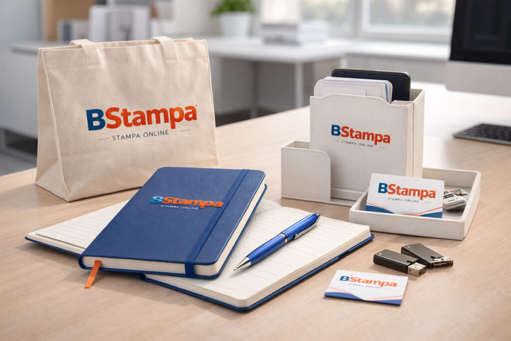 Welcome kit aziendale con agenda personalizzata, penna e accessori da scrivania coordinati