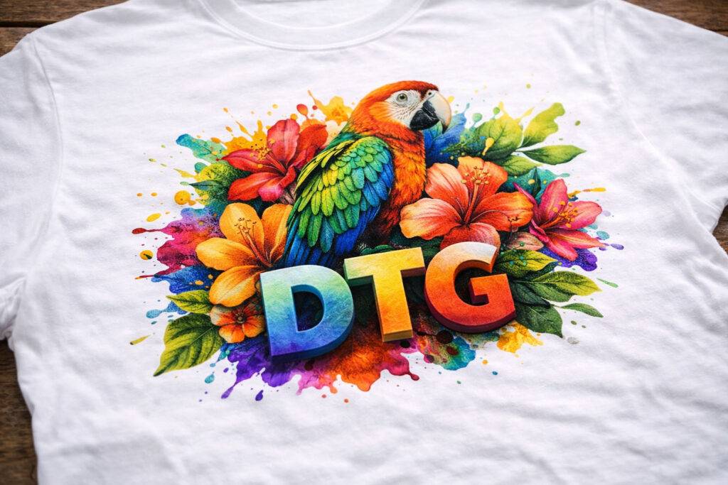 T-shirt bianca con una stampa fotografica a colori realizzata con tecnologia DTG