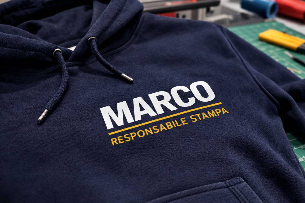 Felpa con nome e ruolo applicati con termosaldatura