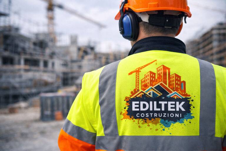 Operatore edile in abbigliamento da lavoro ad alta visibilità personalizzato con casco e DPI