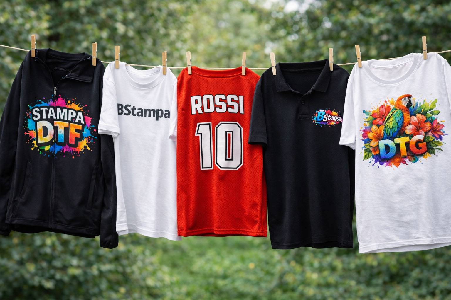 Capi di abbigliamento personalizzati con stampe e ricami, appesi ad asciugare all'aria