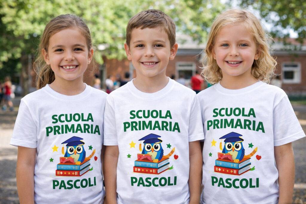 Bambini a scuola con maglia personalizzata