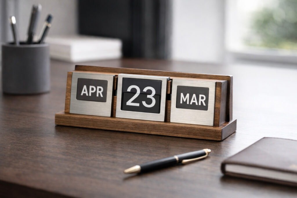 Calendario perpetuo personalizzato in metallo su scrivania elegante con incisione laser del logo