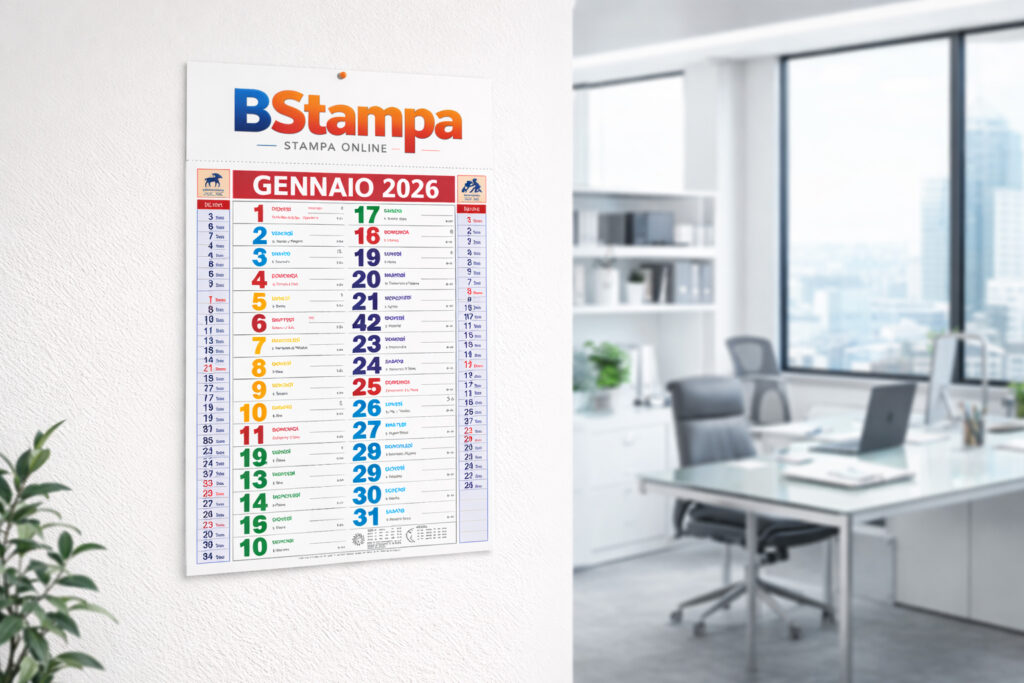 Calendario personalizzato da parete con logo aziendale appeso in un ufficio moderno