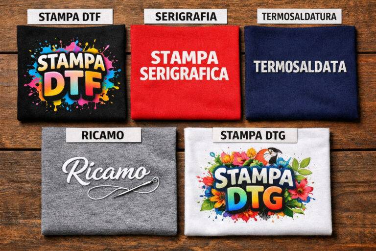 Cinque campioni di tessuto con diverse tecniche di stampa: DTF, serigrafia, termosaldatura, ricamo e DTG