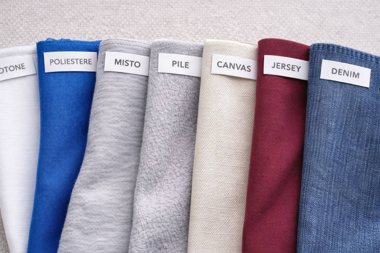 campioni di tessuti per abbigliamento da personalizzare cotone. poliestere, misto, pile, canvas, jersey, denim