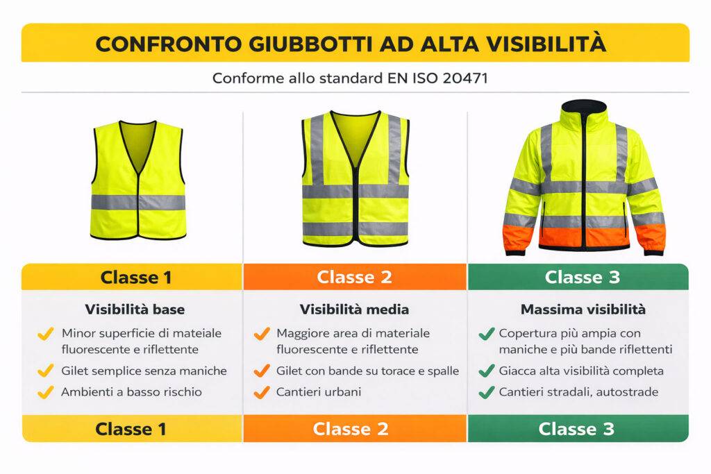 Tre giubbotti alta visibilità di classe 1, 2 e 3 a confronto