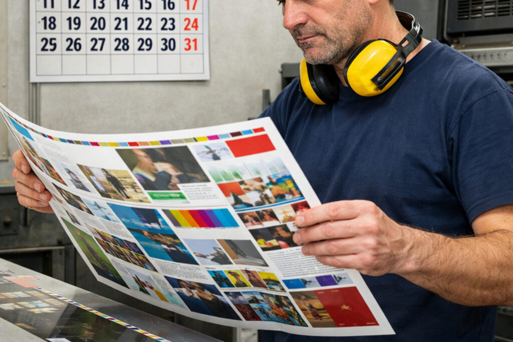 Operatore controlla foglio stampato in offset per calendario personalizzato da parete