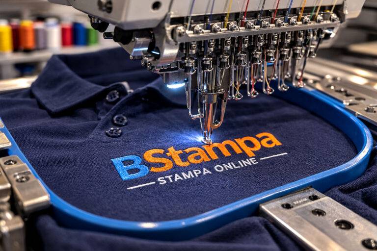Macchina da ricamo industriale che ricama un logo su una polo