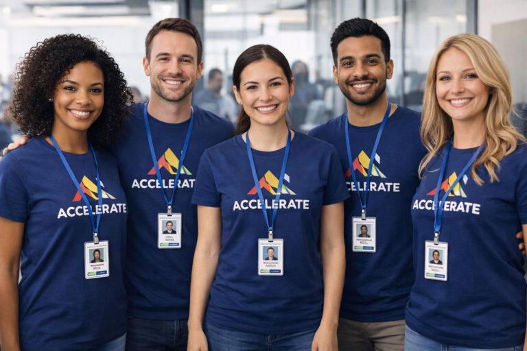 Gruppo di persone in t-shirt personalizzate per un evento aziendale