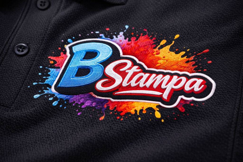 Primo piano di un ricamo ben fatto sul petto di una polo, con fili luminosi e texture in rilievo