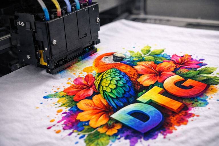 Primo piano della testina di una stampante DTG mentre stampa un disegno a colori su una t-shirt di cotone bianca