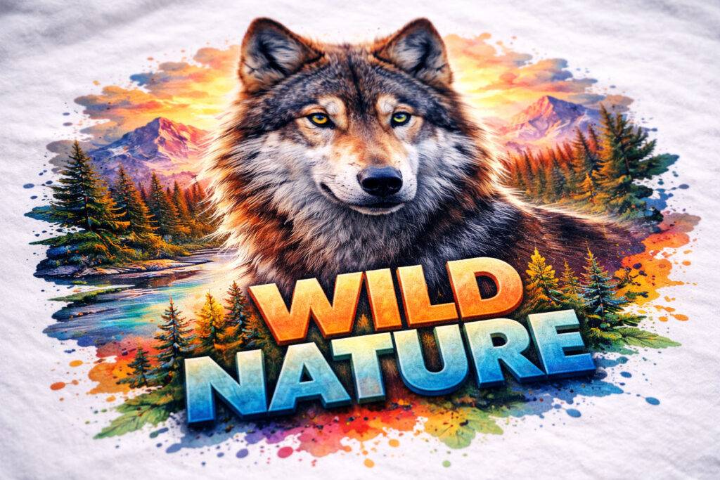 Dettaglio di una stampa fotografica su t-shirt realizzata con tecnologia DTG, che mostra la nitidezza dell'immagine