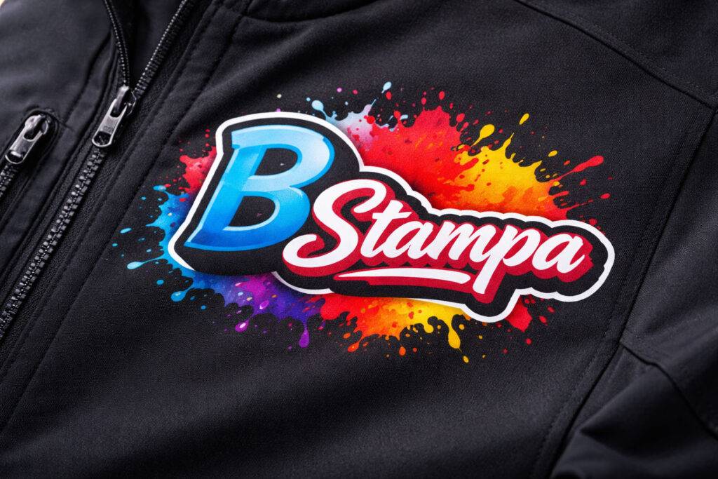 Primo piano di una stampa DTF su una giacca tecnica nera, con colori brillanti e dettagli visibili