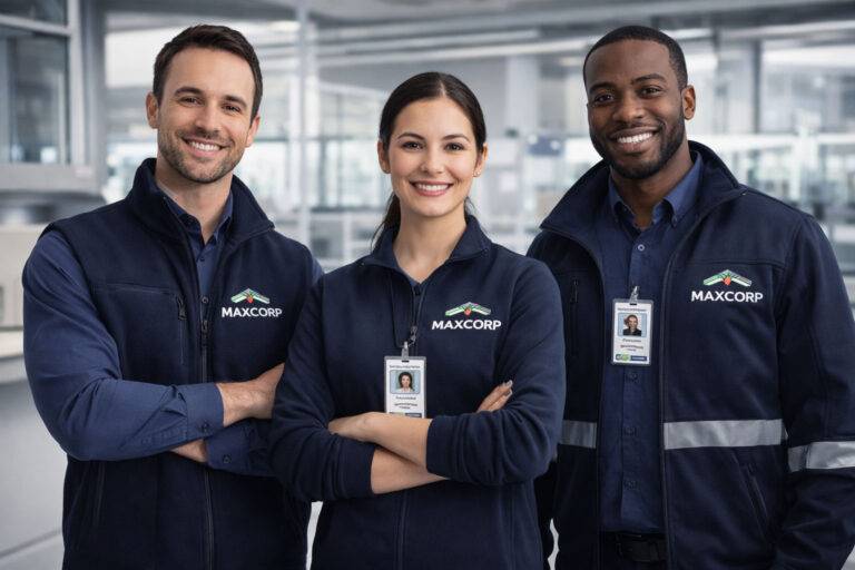 Team aziendale con divise coordinate e personalizzate in un contesto professionale