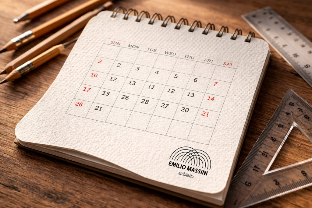 Primo piano della texture di carta di un calendario da tavolo personalizzato, con matite e squadre da disegno su scrivania in legno