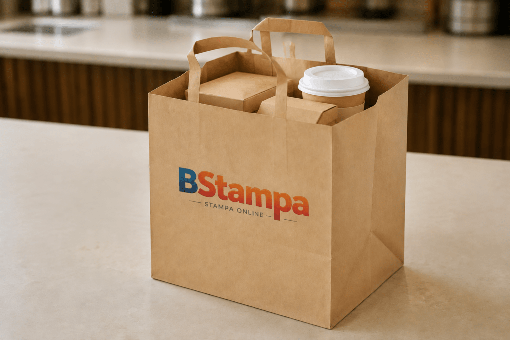 Buste take-away in carta con manico piatto per contenitori chiusi e confezionati