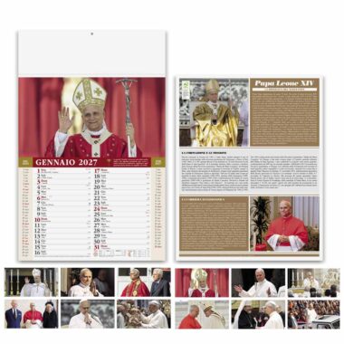 Calendario illustrato Papa Leone XIV PA101 con fronte, retro informativo e immagini dei mesi