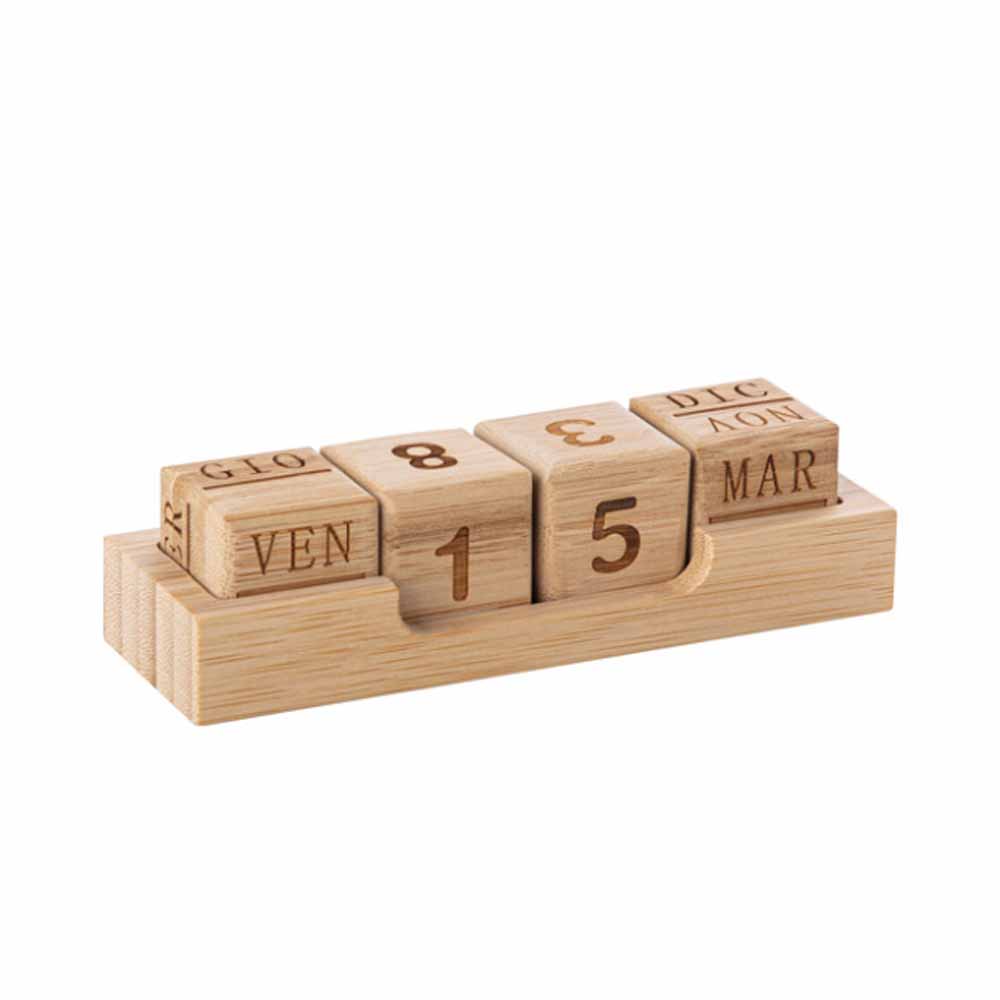 Calendario perpetuo da tavolo in bambù PH555 con quattro cubi incisi