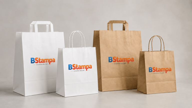 Shopper in carta personalizzate bianche e avana con manico piatto e ritorto