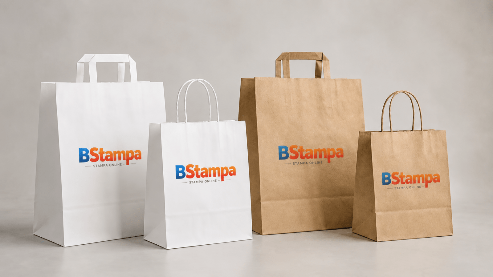 Shopper in carta personalizzate bianche e avana con manico piatto e ritorto